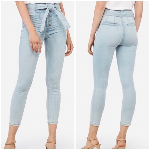 Express Light Blue Wash High Waisted Cropped Denim Jean Leggings with Tie Front - Picture 1 of 10